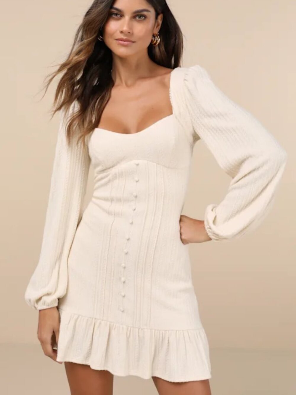Coveted Sweetness Cream Pointelle Knit Long Sleeve Mini Dress